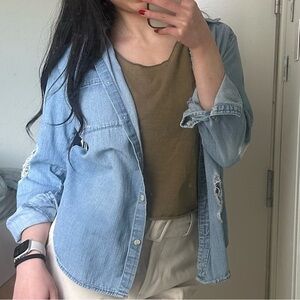 boyfriend light wash distressed jean jacket, size XS